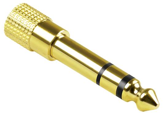Pozlacený audio adaptér s dvěma černými kroužky pro stereofonní připojení, používaný pro připojení sluchátek k audiovybavení.