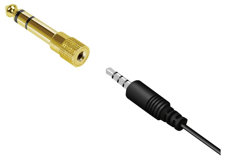 Zlatý čtvrtpalcový audio adaptér a černá 3,5mm audio zástrčka na bílém pozadí, ilustrující rozdíl ve velikosti a typu.