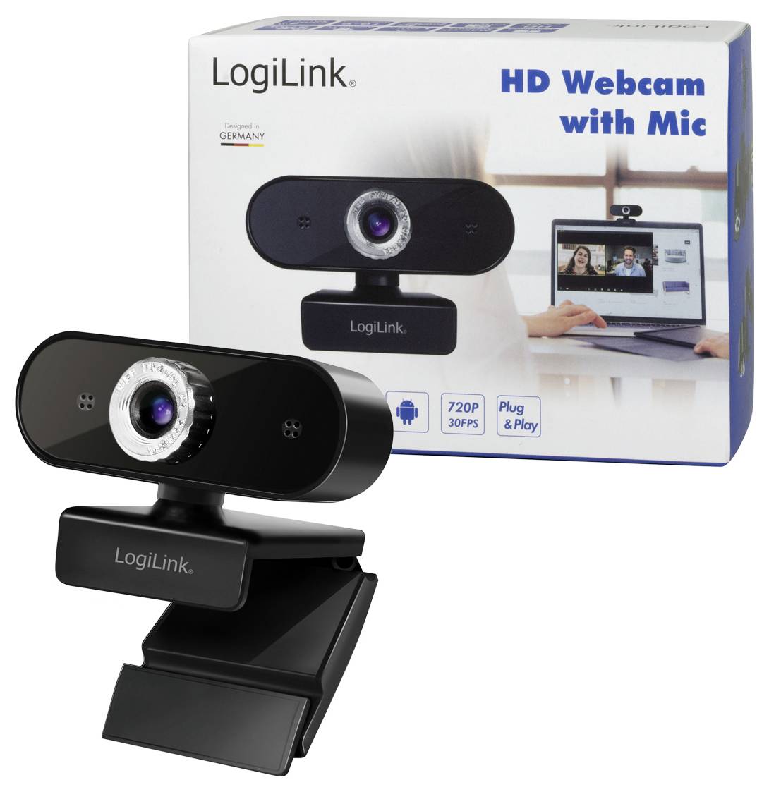 Obal 'LogiLink HD webkamery s mikrofonem' zobrazuje webkameru a příklad jejího použití s laptopem. Funkce: 720p, 30 FPS, Plug & Play.