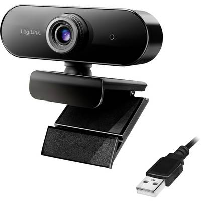 Černý webový fotoaparát s integrovanou sponou a kabelem USB konektoru. Objektiv je umístěn uprostřed s kruhovým designem, vhodný pro videohovory.