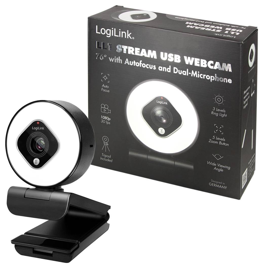 'LogiLink Stream USB webkamera', krabice a webkamera s automatickým ostřením, duálním mikrofonem, úhlem záběru 76 stupňů a třístupňovým kruhovým osvětlením.