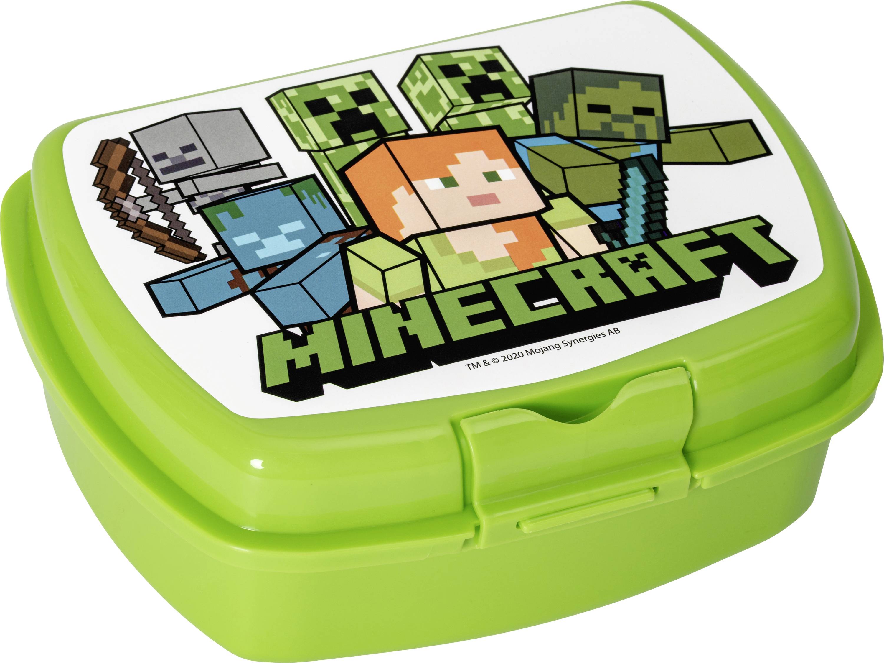 Zelený obědový box s postavami z 'Minecraftu' na víku. Obsahuje hranaté figurky a logo v živých barvách.