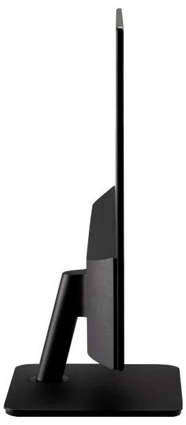Štíhlý, mimořádně tenký monitor sledovaný z boku na stojanu, který ukazuje jeho štíhlý profil a moderní design.
