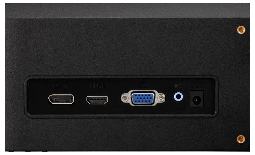 Zadní panel zařízení zobrazující porty: USB, HDMI, VGA, audiojack a napájecí vstup.