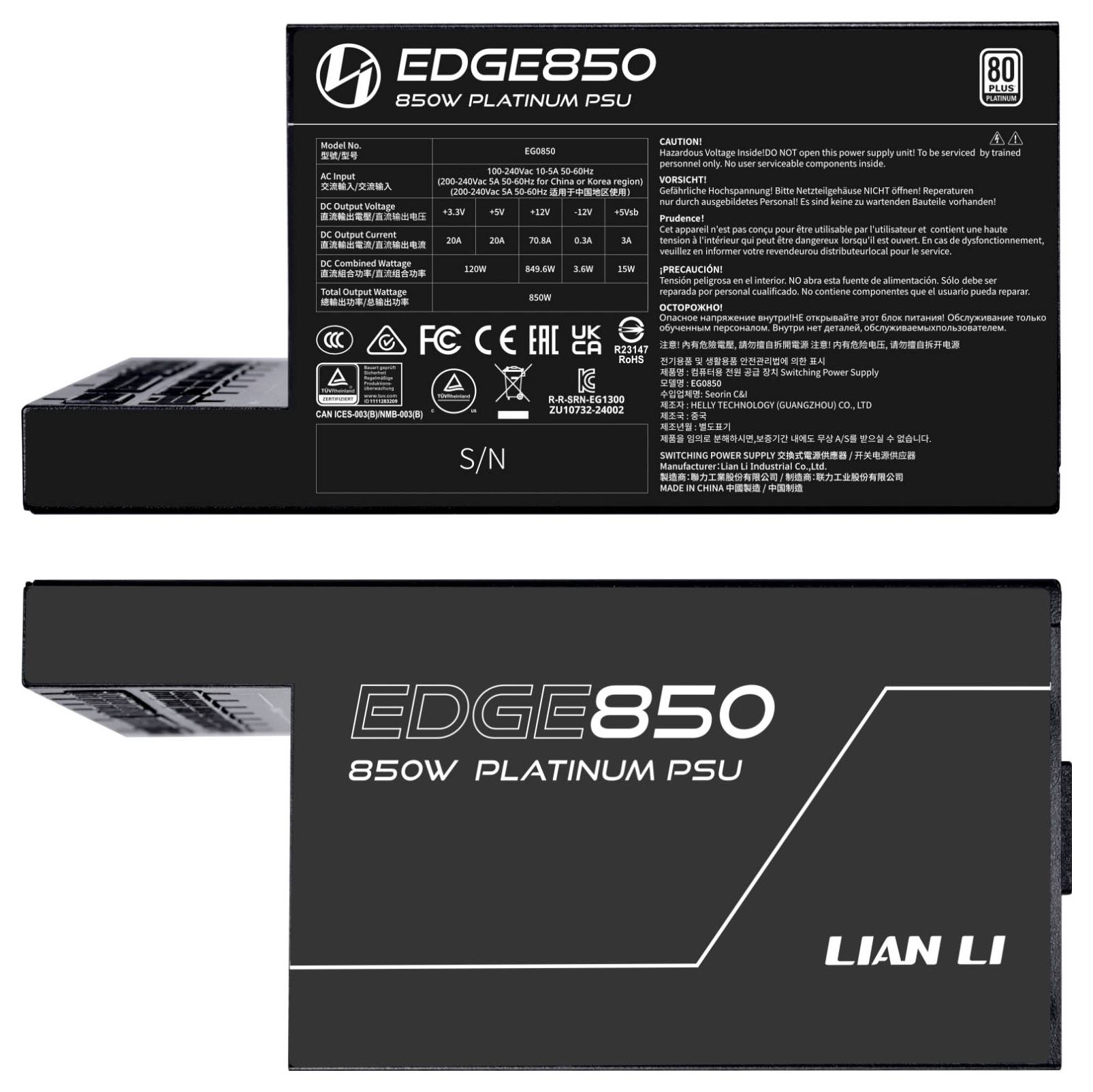Krabice 'EDGE850 850W Platinum PSU' prezentuje specifikace a loga certifikací, jako jsou 80 Plus Platinum a bezpečnostní standardy. Značka: Lian Li.