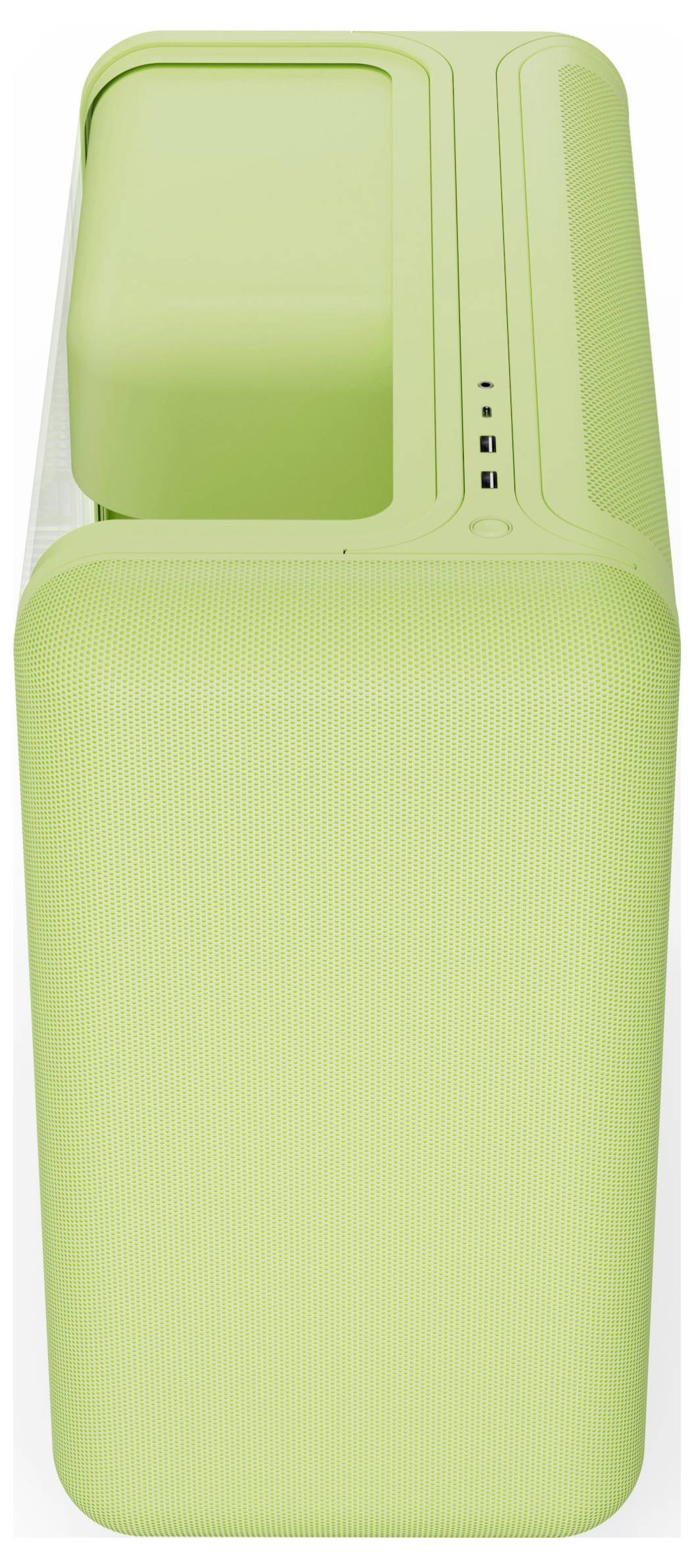 Zelený počítačový kryt s elegantním, moderním designem, který má na přední horní hraně několik USB portů.