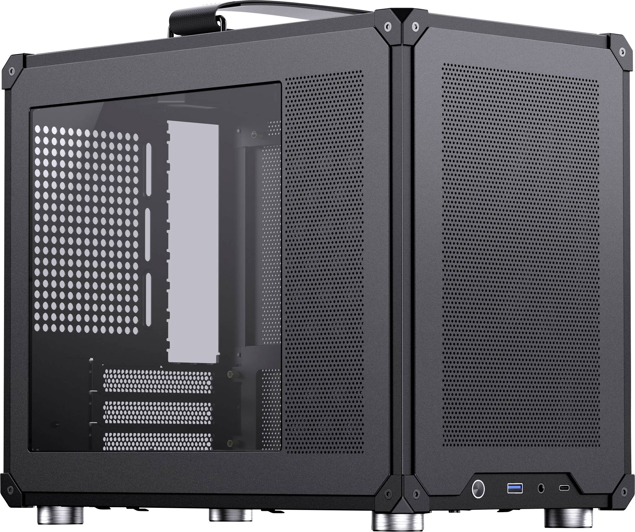 Černý počítačový case se skleněným bočním panelem a větracími otvory; mezi funkce patří USB port, rukojeť a kompaktní krychlový design.