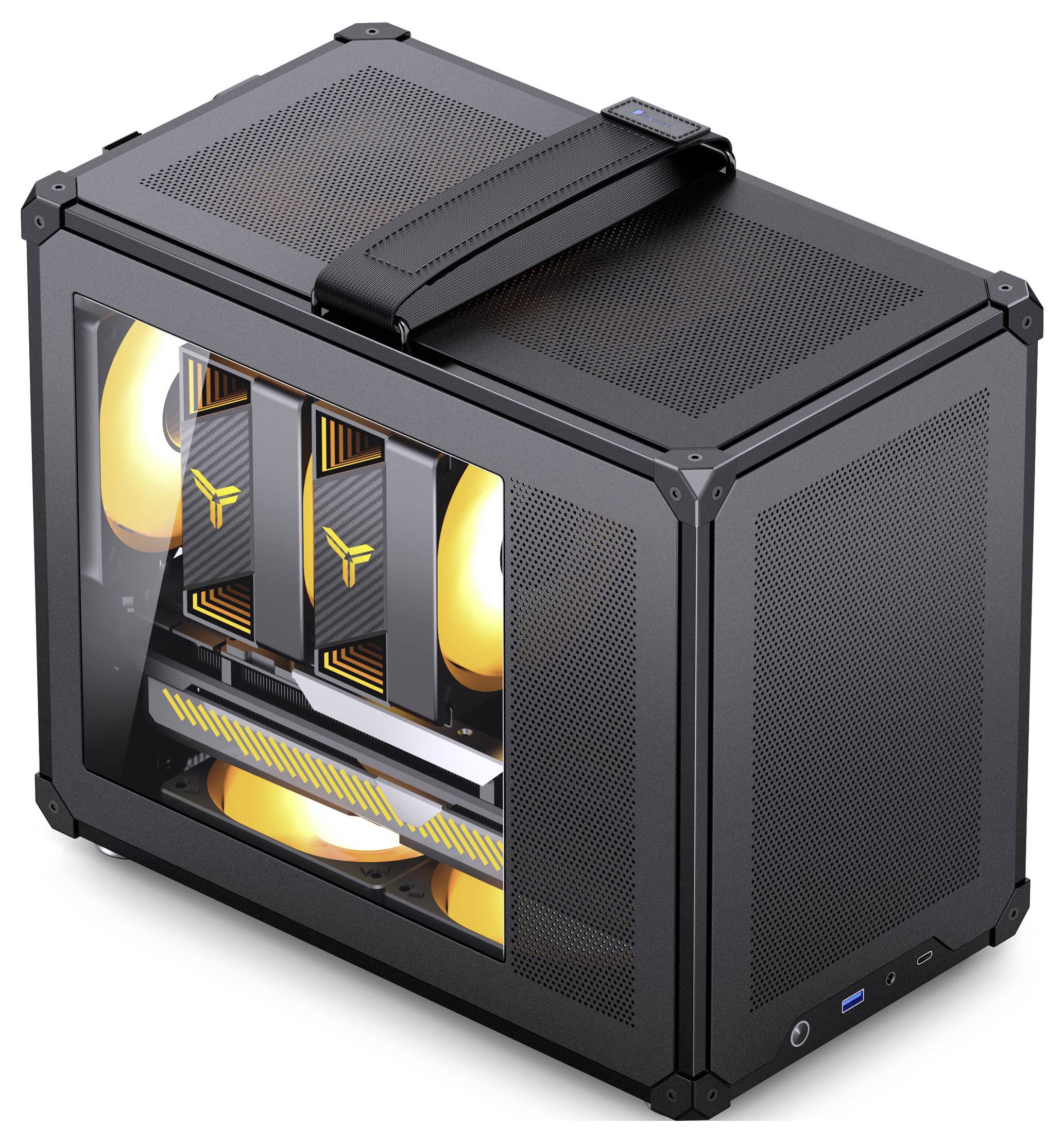 Černý herní PC case s průhledným bočním panelem odhaluje vnitřní oranžové osvětlení a duální grafické karty s logem ve tvaru Y.