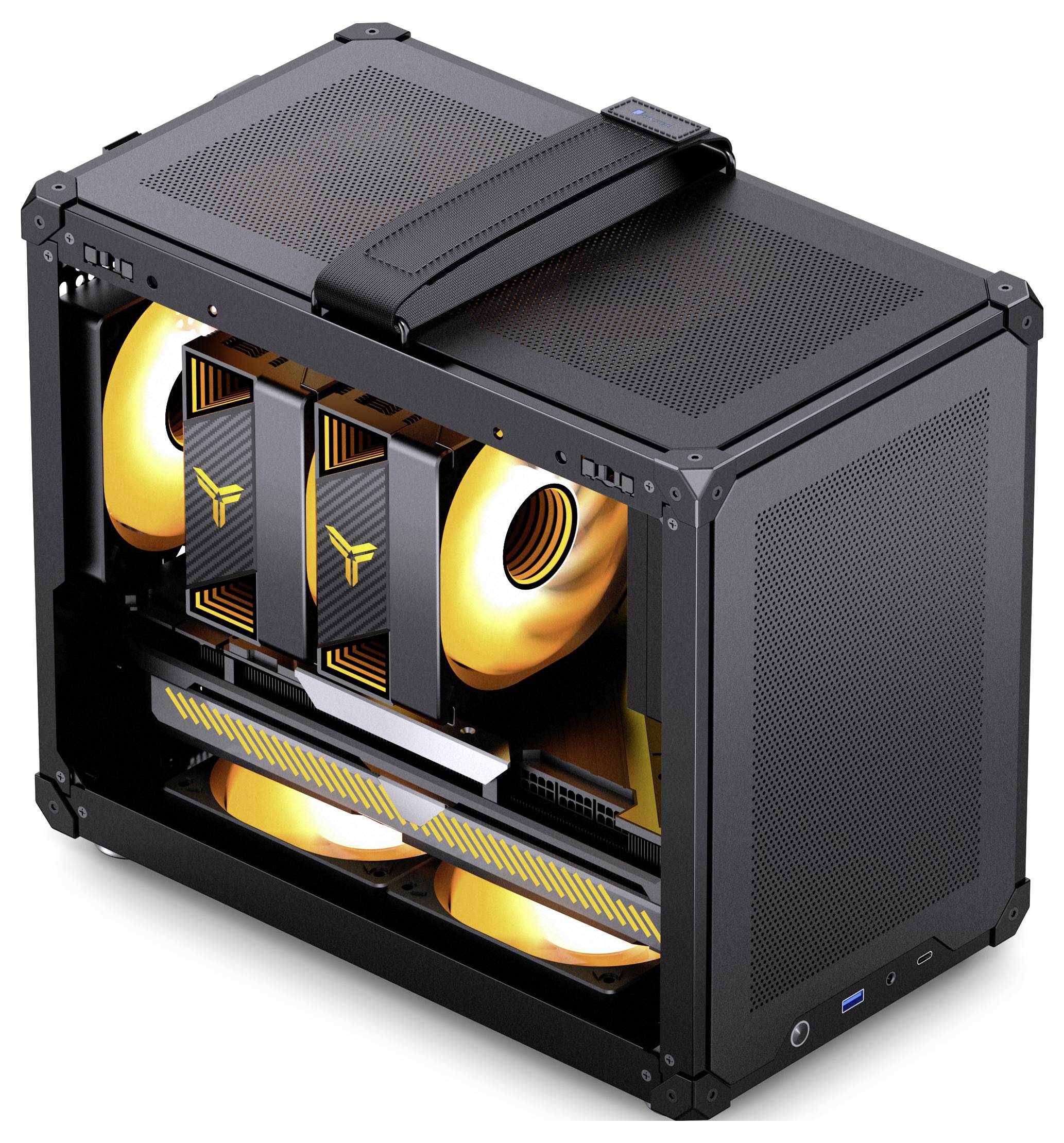 Kompaktní černý herní PC case s průhledným bočním panelem, který odhaluje výrazné ventilátory s oranžovým osvětlením a dva grafické adapéry uvnitř.