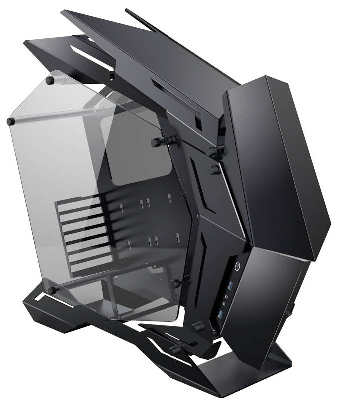 Futuristický černý a průhledný počítačový věžový kryt s úhlovými kovovými panely a bočním větrání.