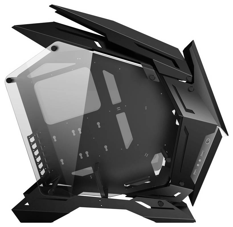 Moderní černý počítačový case se skleněnými panely, s hranatým, futuristickým designem a předními porty viditelnými na pravé straně.