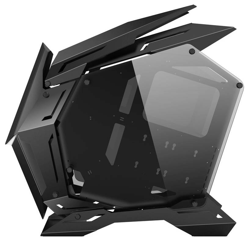 Štíhlý, futuristický černý počítačový kryt s úhlovými geometrickými panely a průhlednou stranou, který ukazuje svůj moderní, inovativní design.