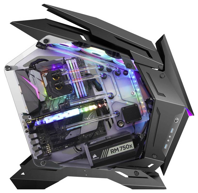 Černý futuristický počítačový case s viditelnými vnitřními komponenty, RGB osvětlením a napájecím zdrojem označeným RM750x.