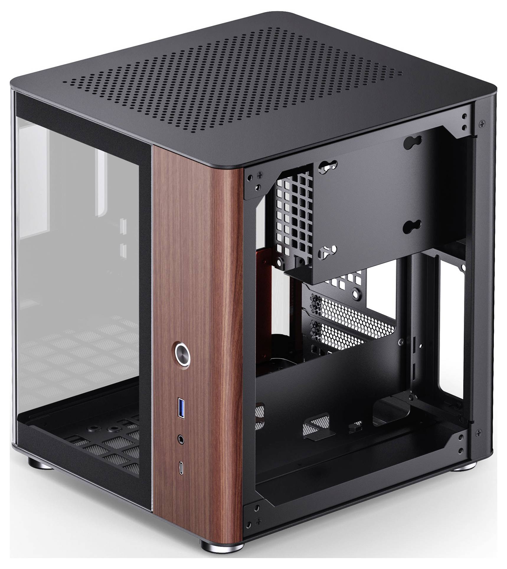 Černá počítačová skříň formátu mini ITX s dekorem dřevěného vzoru, s děrovaným horním krytem a velkým bočním průhledovým oknem, která odhaluje prázdný vnitřní prostor a přední porty.