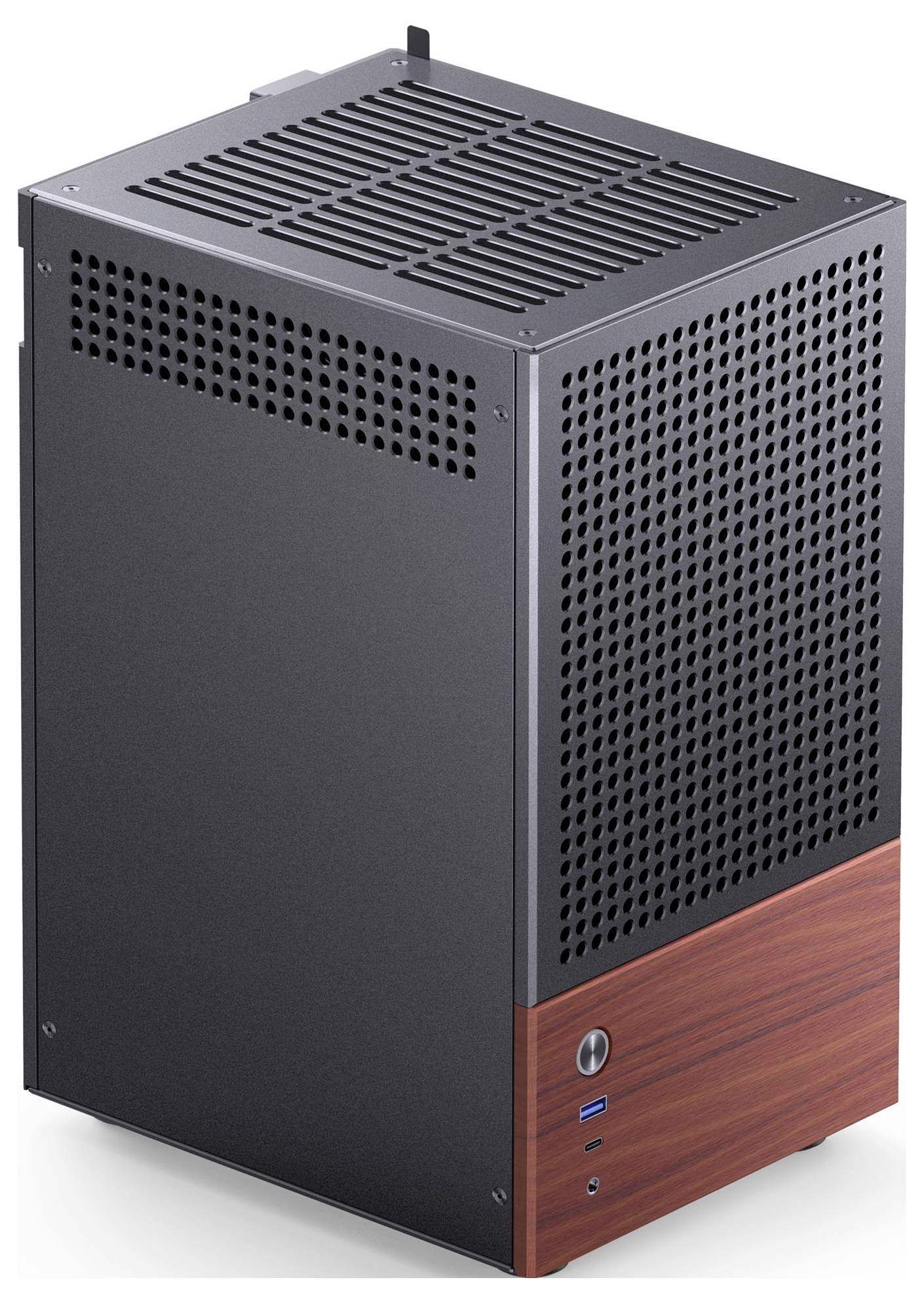 Elegantní, vysoká počítačová skříň s větracími otvory, která má kovový horní panel a dřevěnou spodní desku s USB porty pro připojení.
