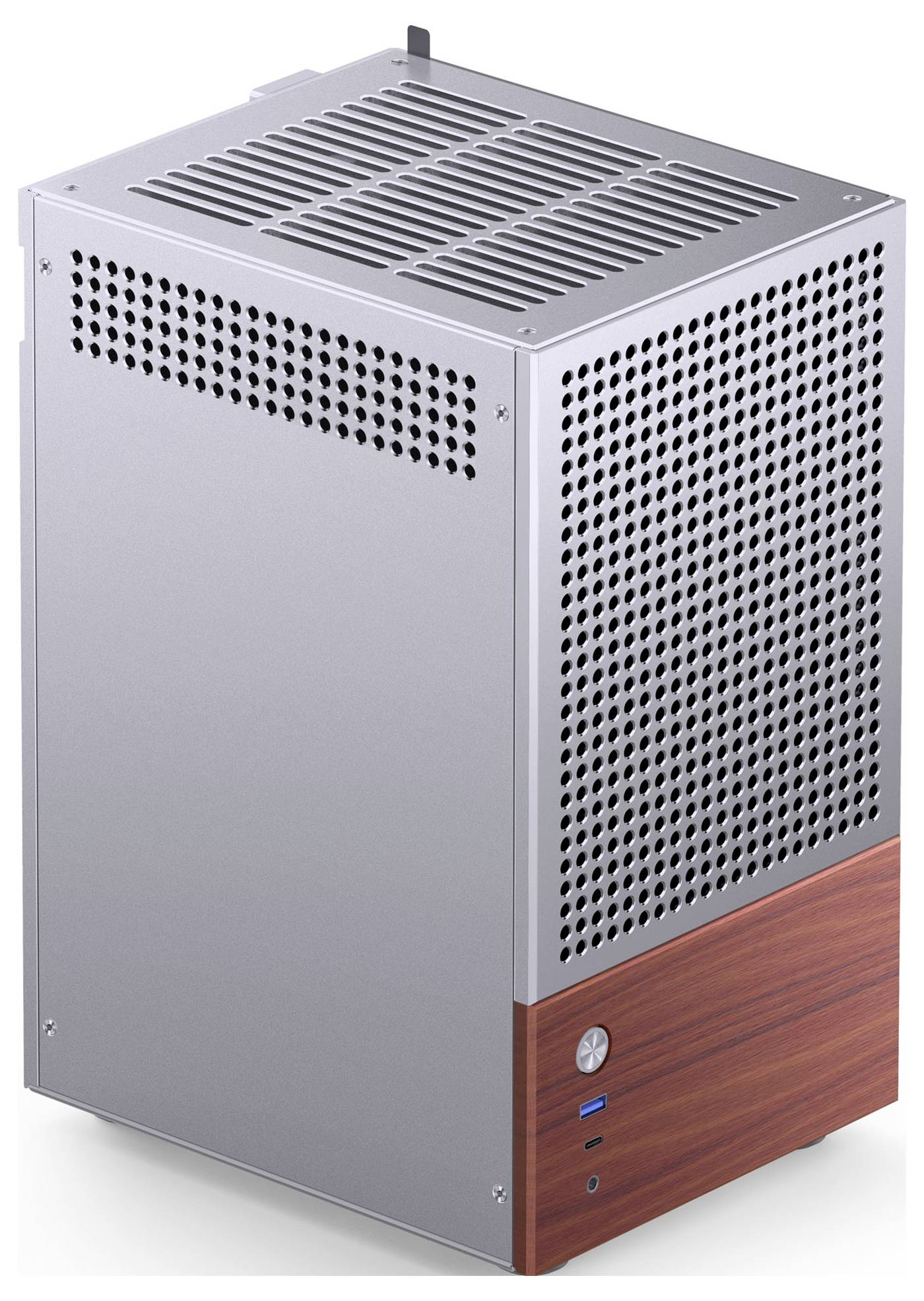 Kompaktní, pravoúhlý kovový počítačový kryt s perforovaným designem pro ventilaci, který má základnu s texturou dřeva a USB porty.