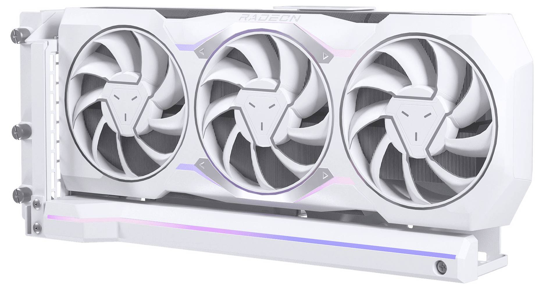 Bílá grafická karta se třemi chladicími ventilátory a jemným LED osvětlením.