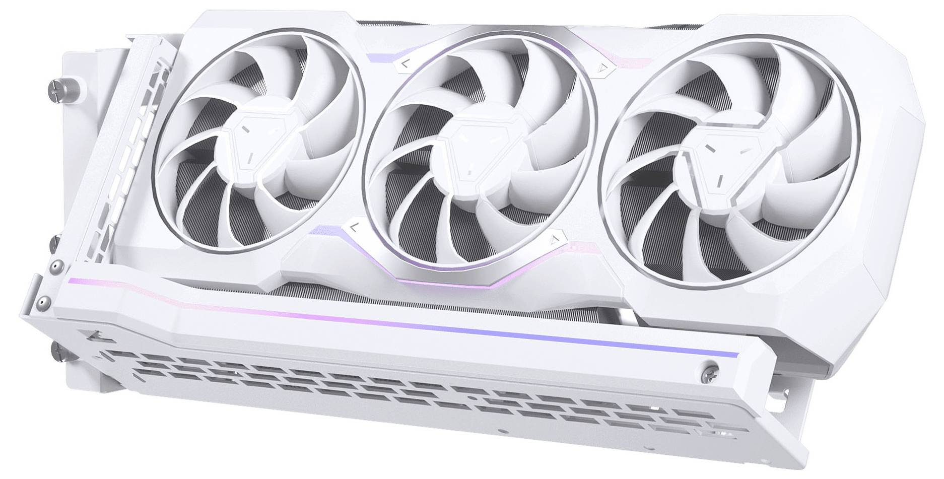 Bílá herní grafická karta s třemi velkými chladicími ventilátory a akcentem RGB podsvícení, určená pro výkonnostní výpočetní výkon.