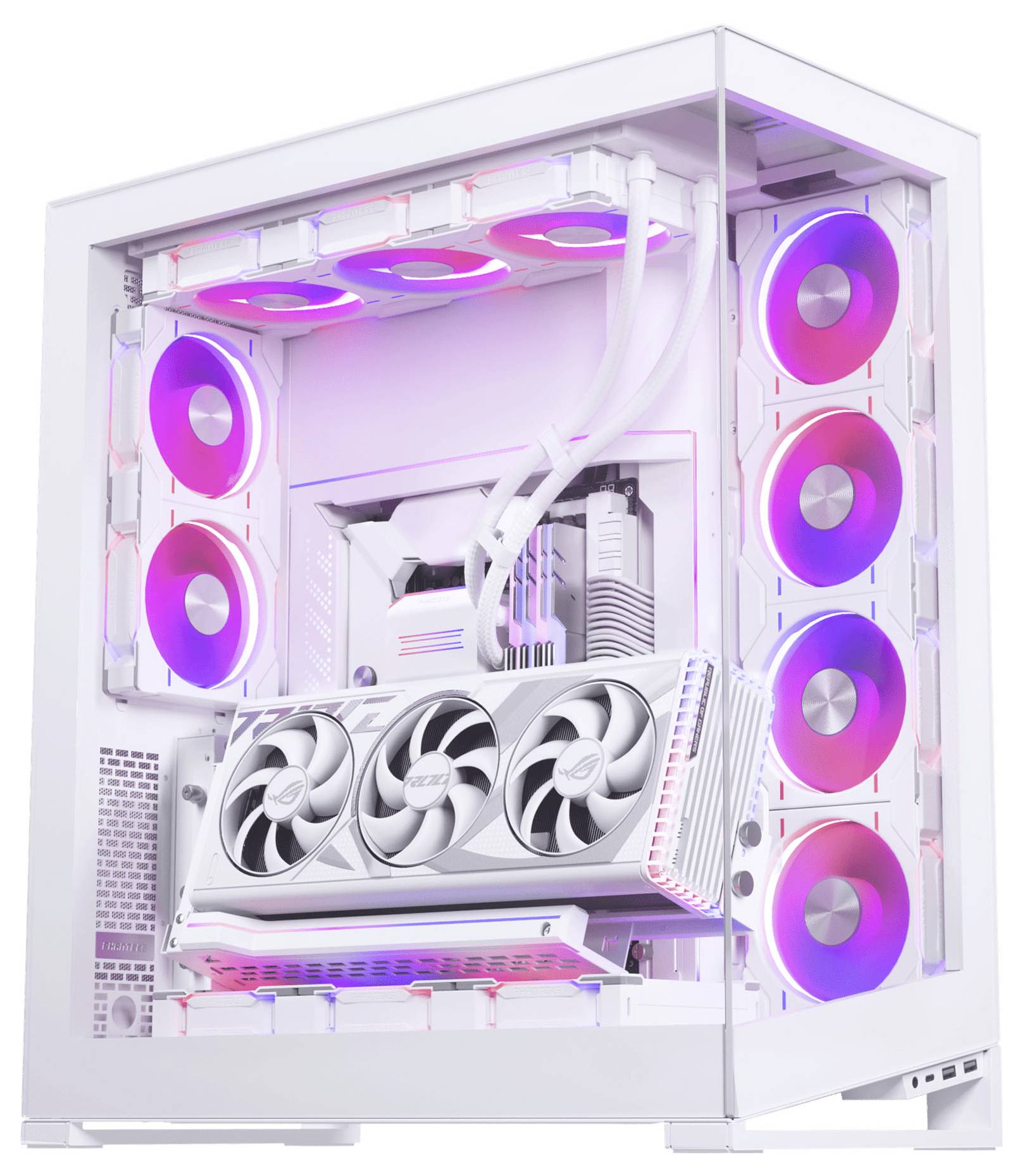 Bílý herní počítač předvádí RGB podsvícení uvnitř skříně a na ventilátorech, zvýrazňující velkou grafickou kartu a chladicí systém.