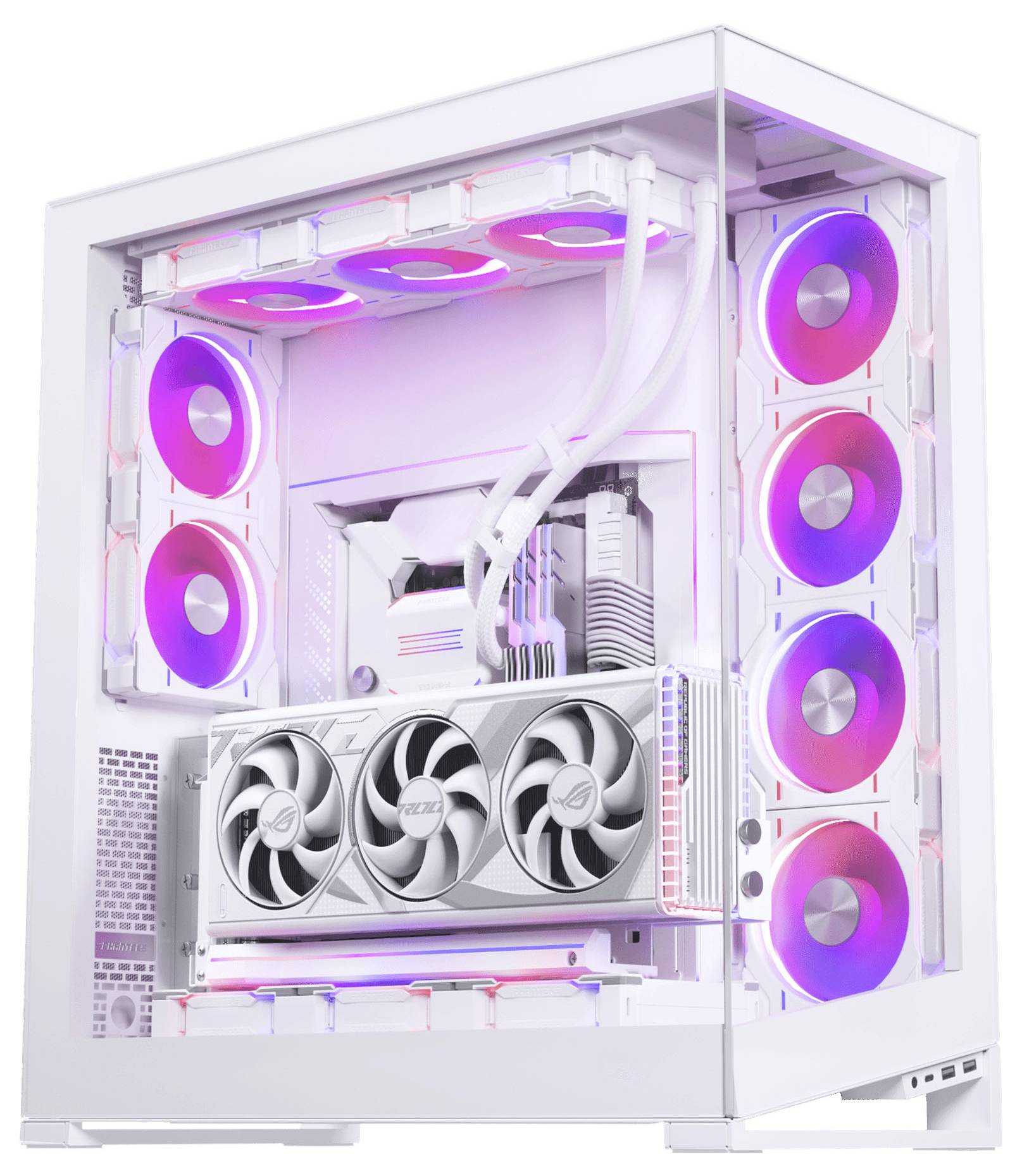 Bílý herní počítač s RGB podsvícením, vybavený několika chladicími ventilátory a velkou grafickou kartou, vše umístěné v průhledném PC skříňovém těle.