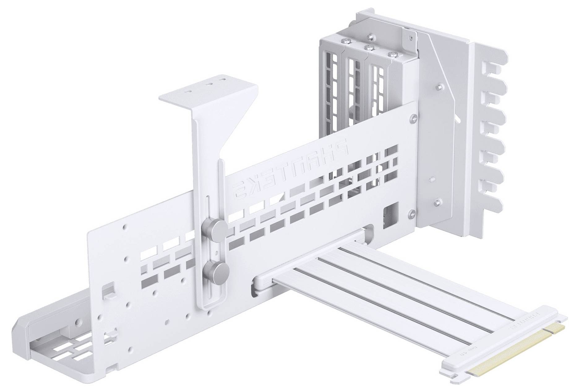 Bílý vertikální GPU montážní držák s PCIe riser kabelem, určený pro vertikální instalaci grafických karet do počítačové skříně.