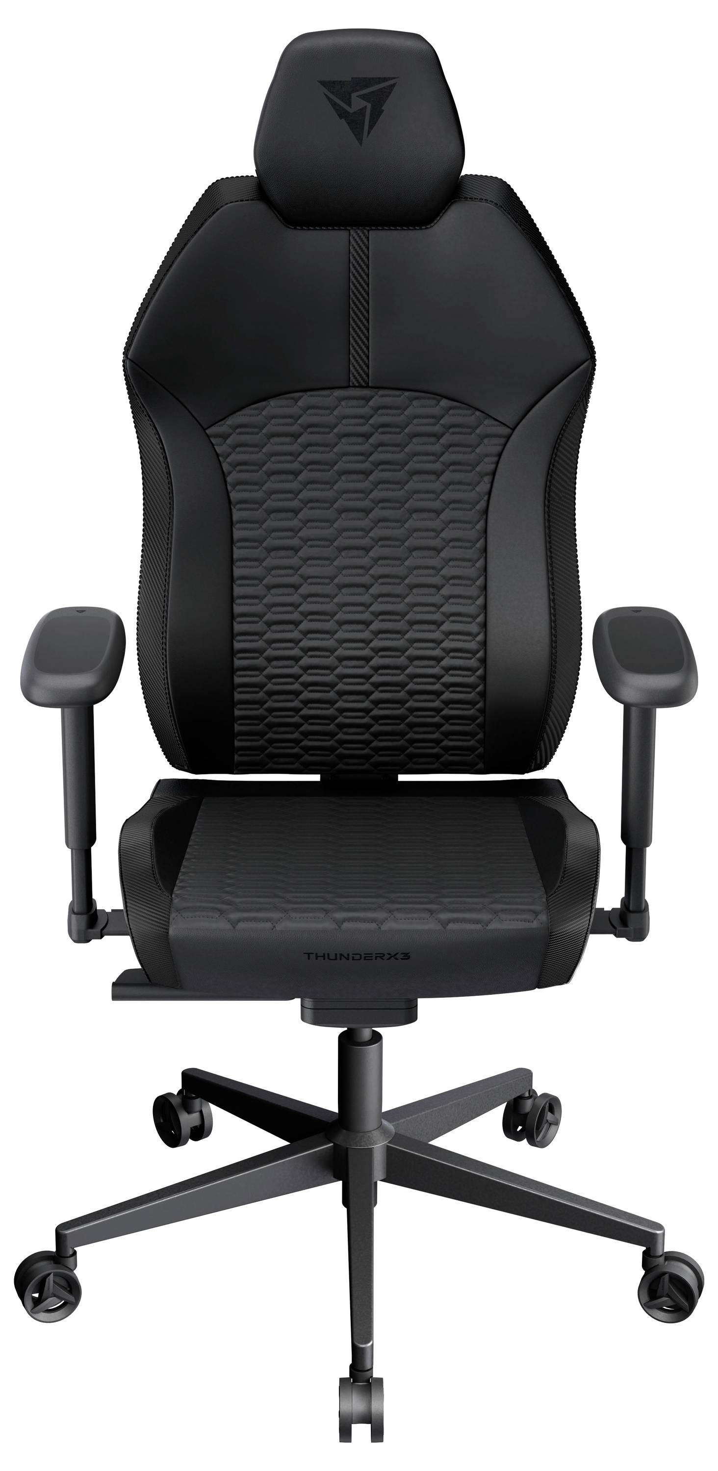 Černá ergonomická kancelářská židle s nastavitelnými opěrkami rukou, vysokým opěradlem a kolečkovou základnou, navržená pro pohodlí a podporu.