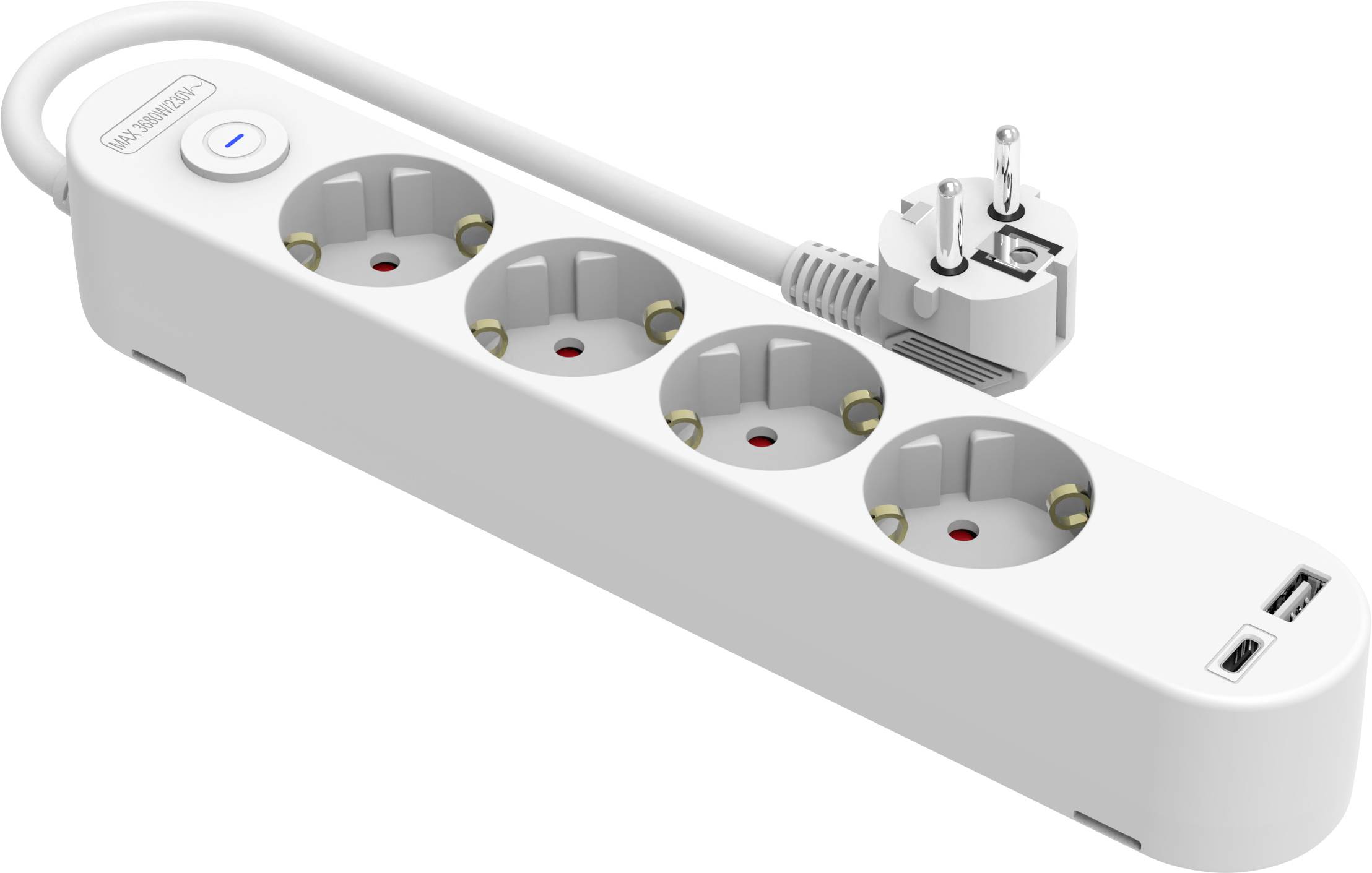 Bílý prodlužovací panel se čtyřmi kulatými zásuvkami, USB portem a vypínačem. Je vybaven evropskou vidlicí.