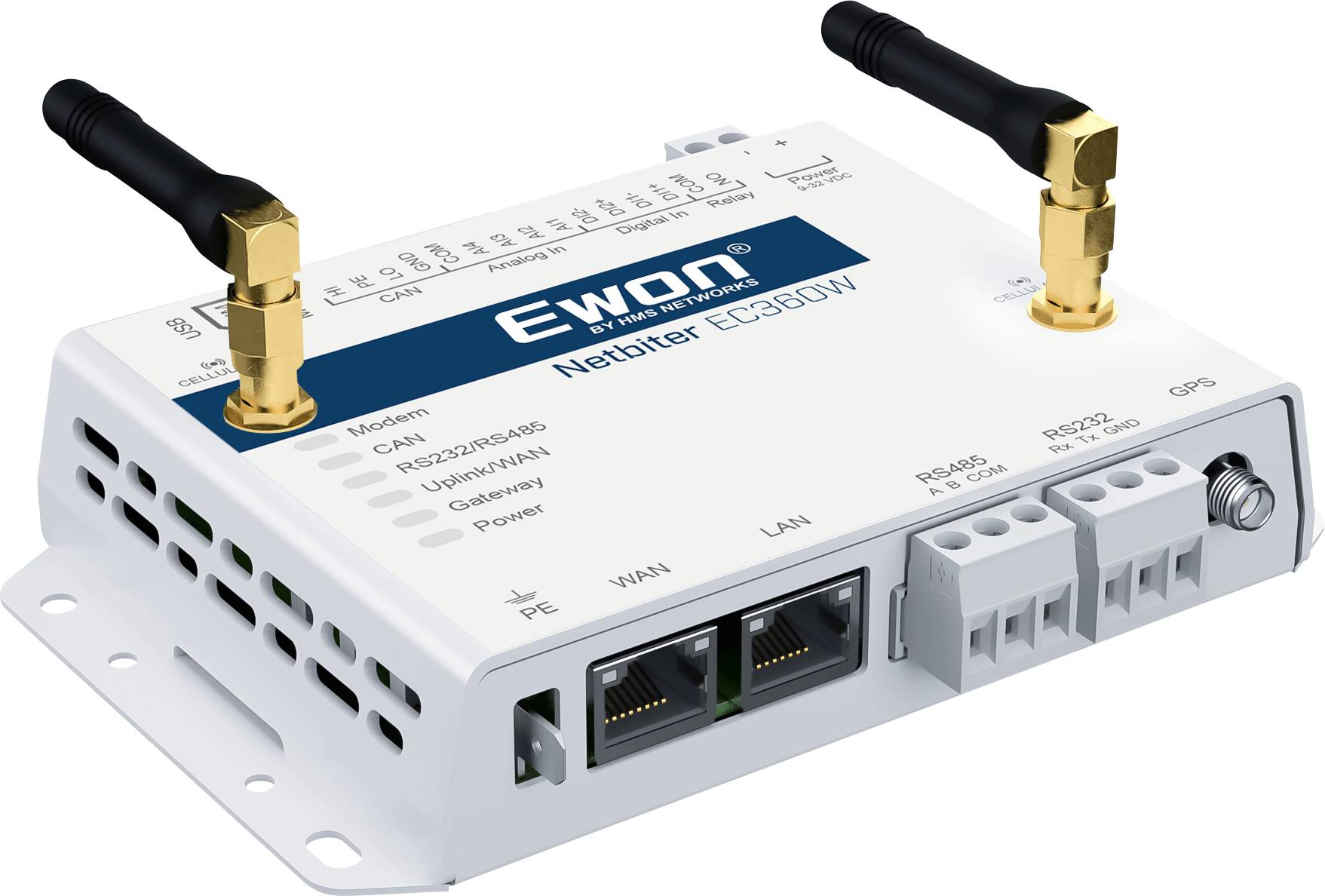 Síťový řídicí brána Netbiter EC360W s anténami a několika komunikačními porty, používaná pro průmyslové vzdálené řízení a monitorování.