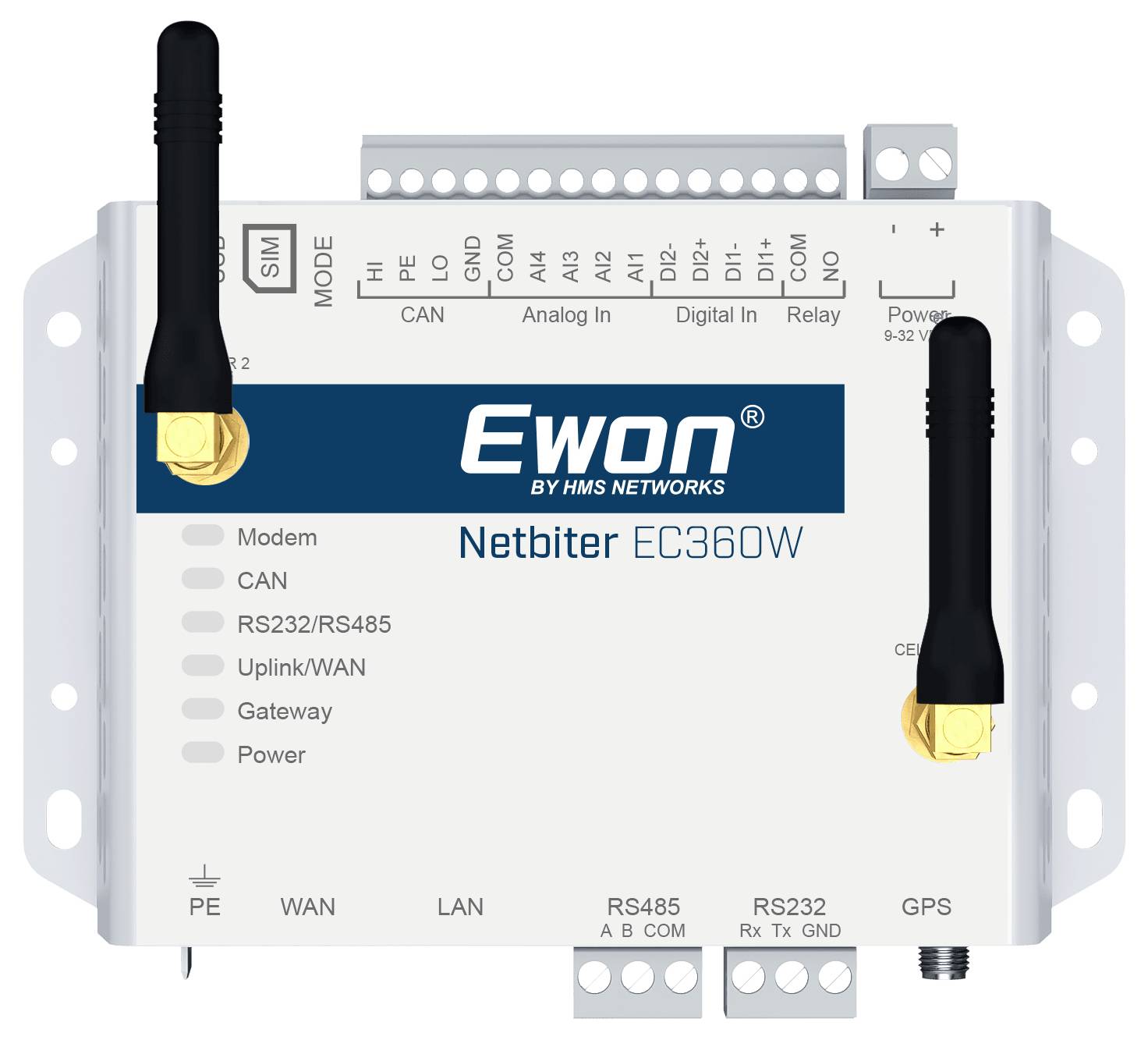 Pohled zepředu na zařízení Ewon Netbiter EC360W, zobrazující duální antény, označené porty a LED indikátory pro připojení a stav napájení.