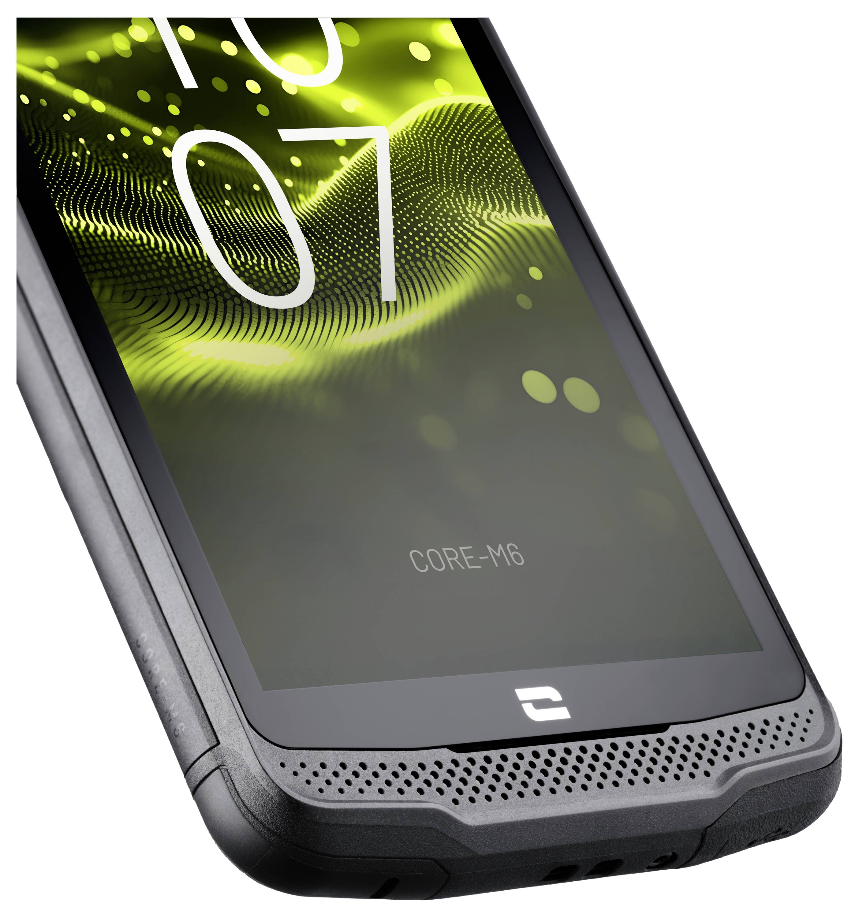 Odolný smartphone s černým a šedým designem, který má na displeji svítící zelený a žlutý abstraktní vzor zobrazující '10:07' a 'CORE-M6'.