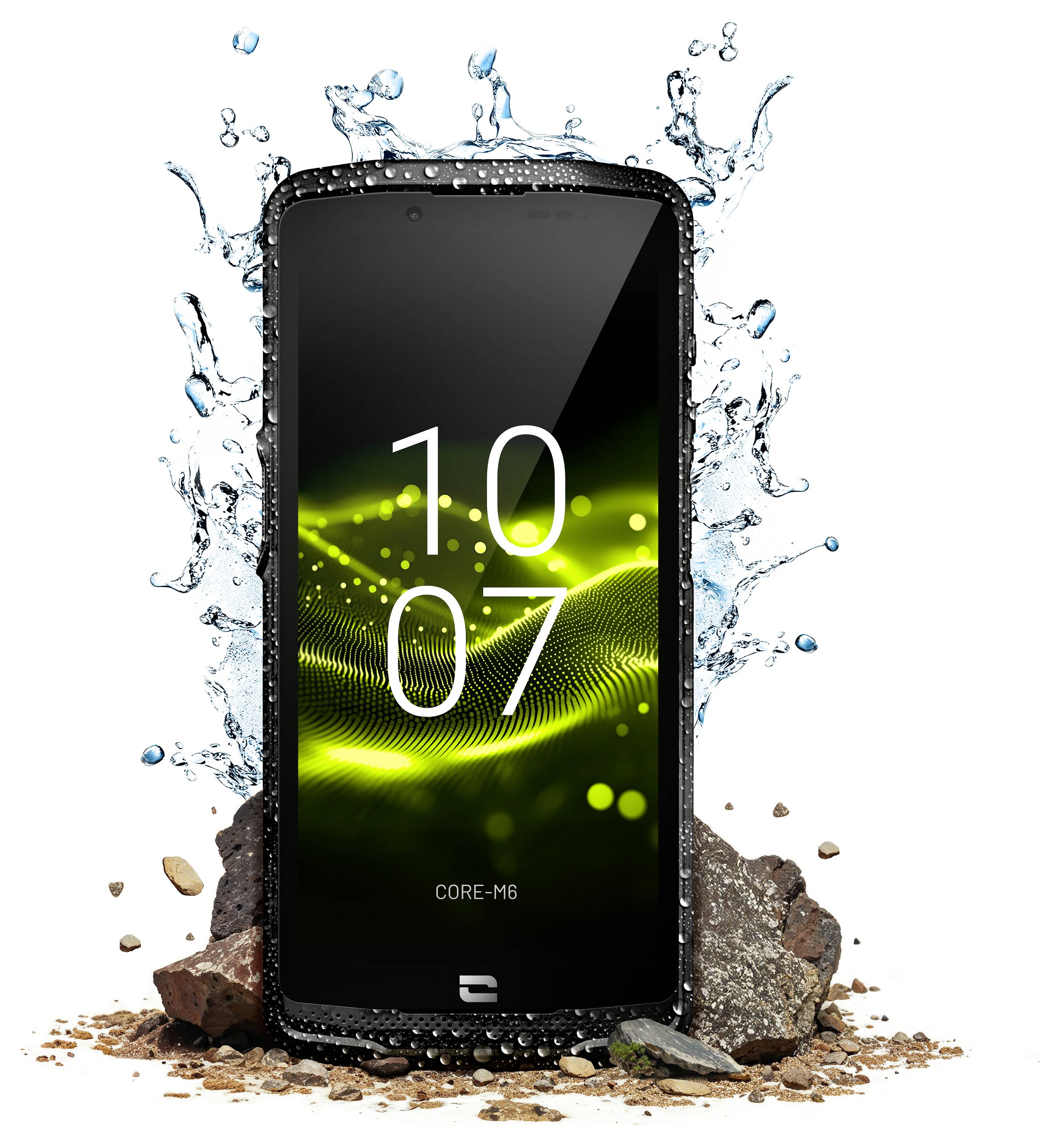 Odolný chytrý telefon postříkaný vodou, ukazující odolnost, s displejem zobrazujícím '10:07' a zelenou vlnitou pozadím.