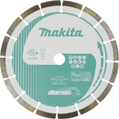 Kotoučová pilová čepel s názvem značky 'Makita', technickými specifikacemi a bezpečnostními certifikacemi.