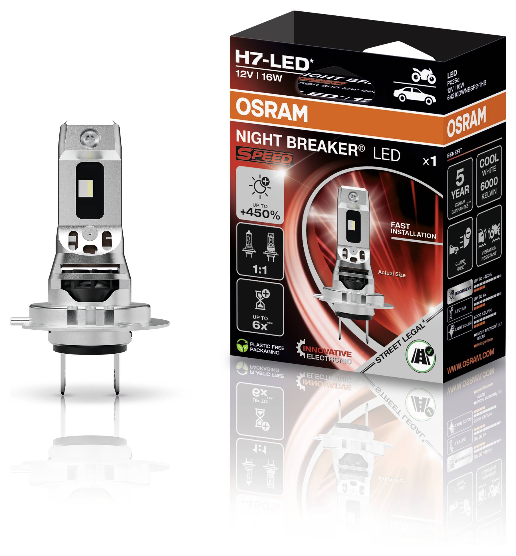 Přebal a produktový list žárovky 'OSRAM Night Breaker LED' H7, zdůrazňující vlastnosti včetně 450% nárůstu jasu, rychlé instalace a chladného bílého světla o teplotě 6000K.
