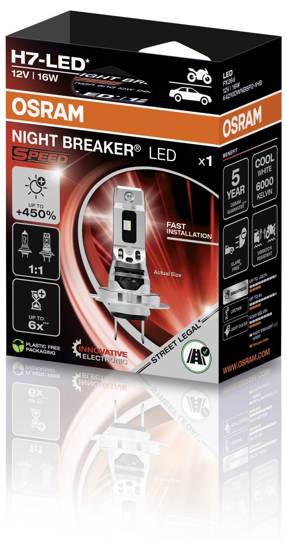 OSRAM Night Breaker LED H7 žárovka v balení s vysokou intenzitou dálkového světla, 5letou zárukou, 6000 Kelvinů chladného bílého světla. Vhodná pro motocykly a automobily.
