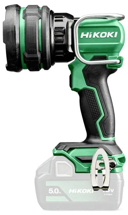 Zelená a černá LED svítilna HiKoki s ergonomickým úchopem a připevněným zavěšovacím háčkem, zobrazující část základny baterie 5,0 Ah.