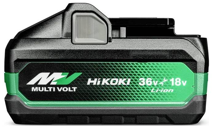 Štítek 'HiKOKI Multi Volt, 36V/18V Li-ion akumulátor' zobrazuje tučným písmem text na svém boku, který zdůrazňuje kompatibilitu a rozsah napětí.