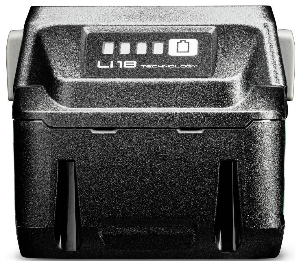Černý bateriový pack označený štítkem 'Li 18 Technology' s ikonou baterie o čtyřech segmentech, který indikuje úroveň nabití.