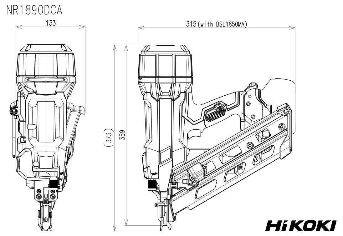 Technický nákres hřebíkovače HiToki modelu NR1890DCA, zobrazující boční a přední pohled s vyznačenými rozměry.