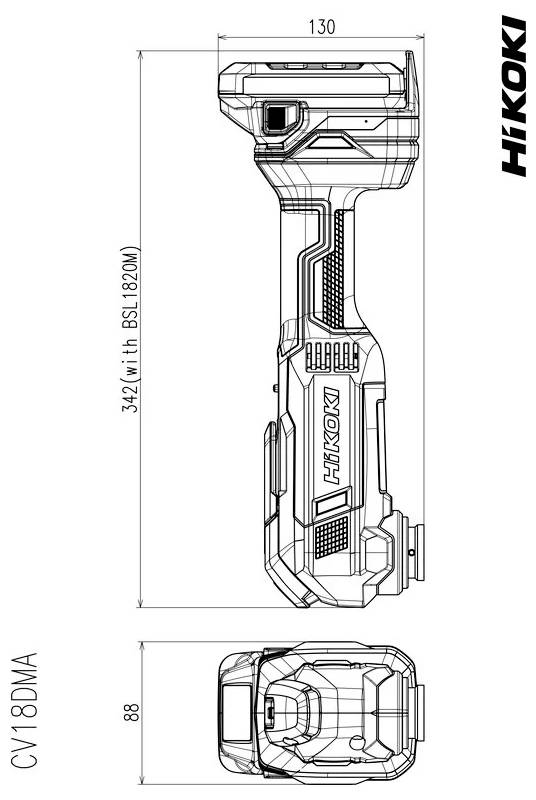 'Diagram nářadí HiKOKI CV18DMA s rozměry: 130 mm široký, 88 mm vysoký a 342 mm dlouhý s baterií BSL1820M.'