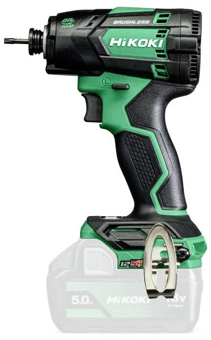 Bezdrátový rázový šroubovák v zelené a černé barvě s bezkartáčovým motorem s označením „HiKoki" je zobrazen. Jeho design je ergonomický a kompaktní.