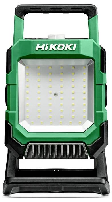 Zelená a černá přenosná svítilna značky HiKOKI s vícenásobným mřížkovým uspořádáním LED světel na horní straně.
