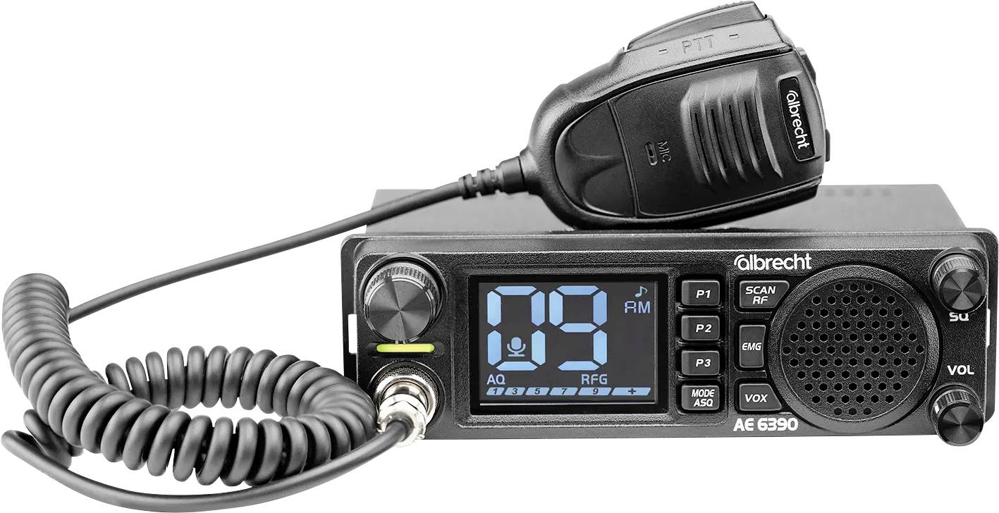Černé rádio s digitálním displejem zobrazujícím '09', s označenými tlačítky a stočeným mikrofonem nahoře. Značka 'Albrecht'.