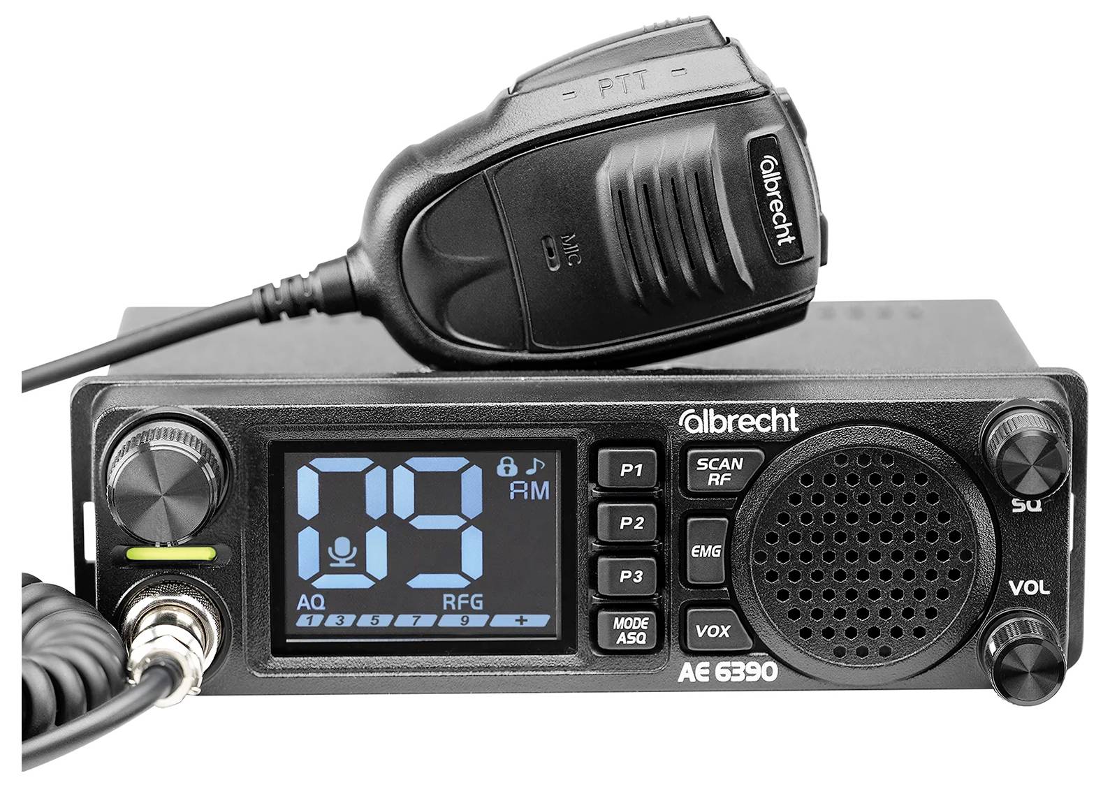 Rádiové zařízení 'AE 6390' s mikrofonem, zobrazující kanál '9 AM', s ovládáním hlasitosti, vyhledáváním, pamětí předvoleb a režimem.