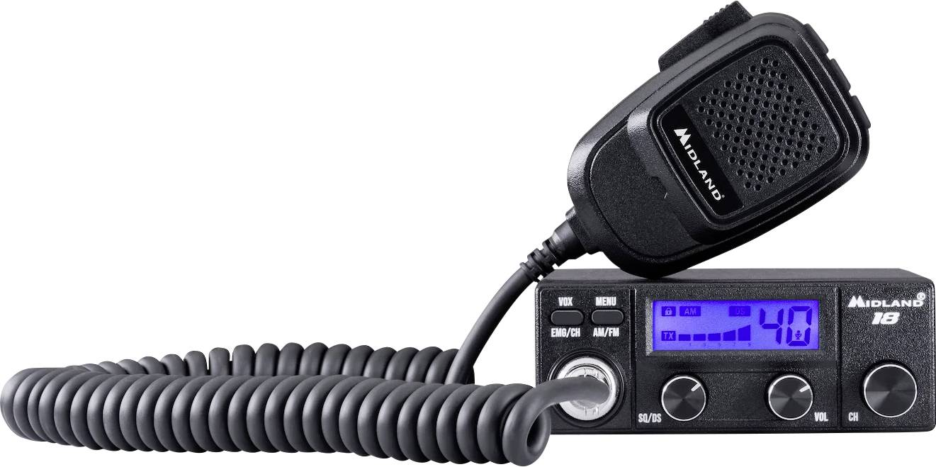 Černá CB radiostanice Midland s mikrofonem, vybavená digitálním displejem zobrazujícím '40', ovládacími prvky pro hlasitost a kanál a spirálovitým kabelem.
