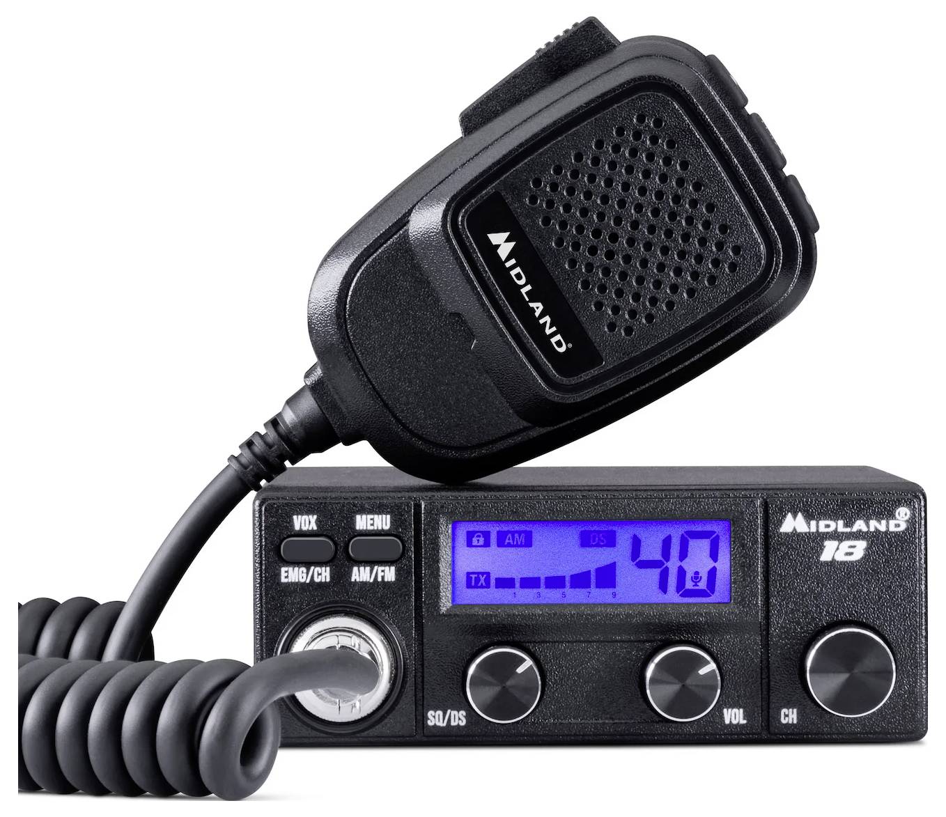 Radiostanice Midland 18 s digitálním displejem zobrazujícím kanál '40'. Ruční mikrofon s krouceným kabelem připojený k jednotce.