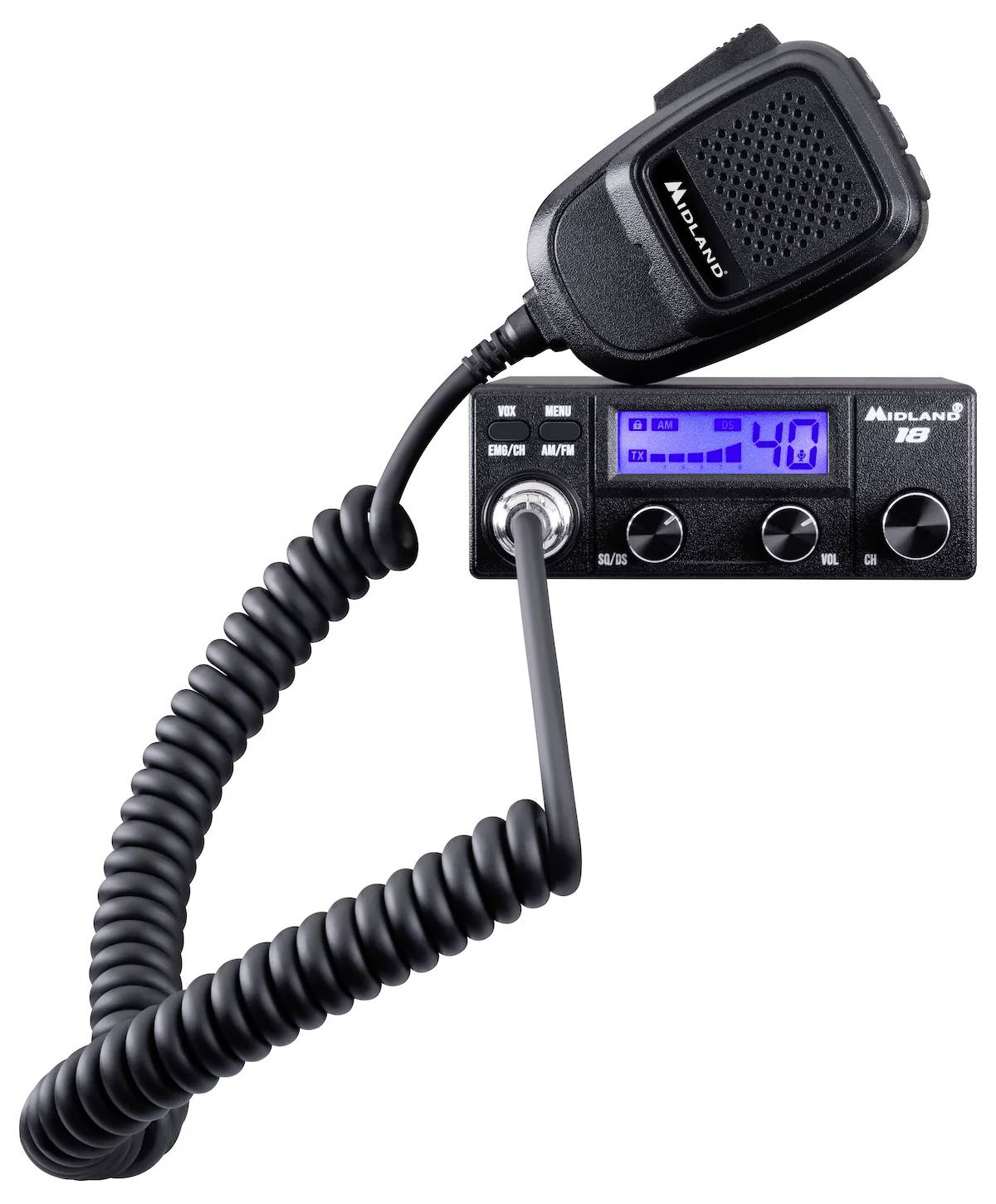 Černá CB radiostanice Midland s digitálním displejem zobrazujícím kanál '40'. Mikrofon s krouceným kabelem leží nahoře.