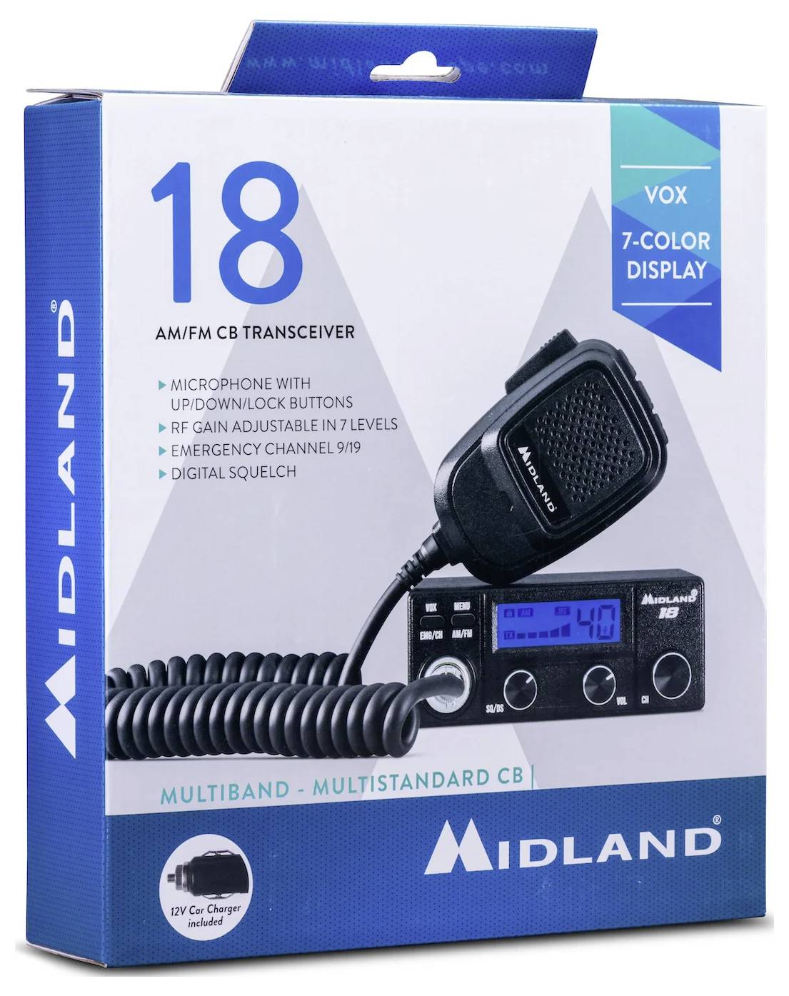 Midland 18 AM/FM CB Transceiver<br>Vysílačka Midland 18 AM/FM CB<br><br>Balení zobrazuje:<br>- Mikrofon<br>- Displej<br>- Klíčové funkce:<br>  • Multiband (vícepásmový)<br>  • Multistandard (vícestandardní)<br>  • Nouzový kanál