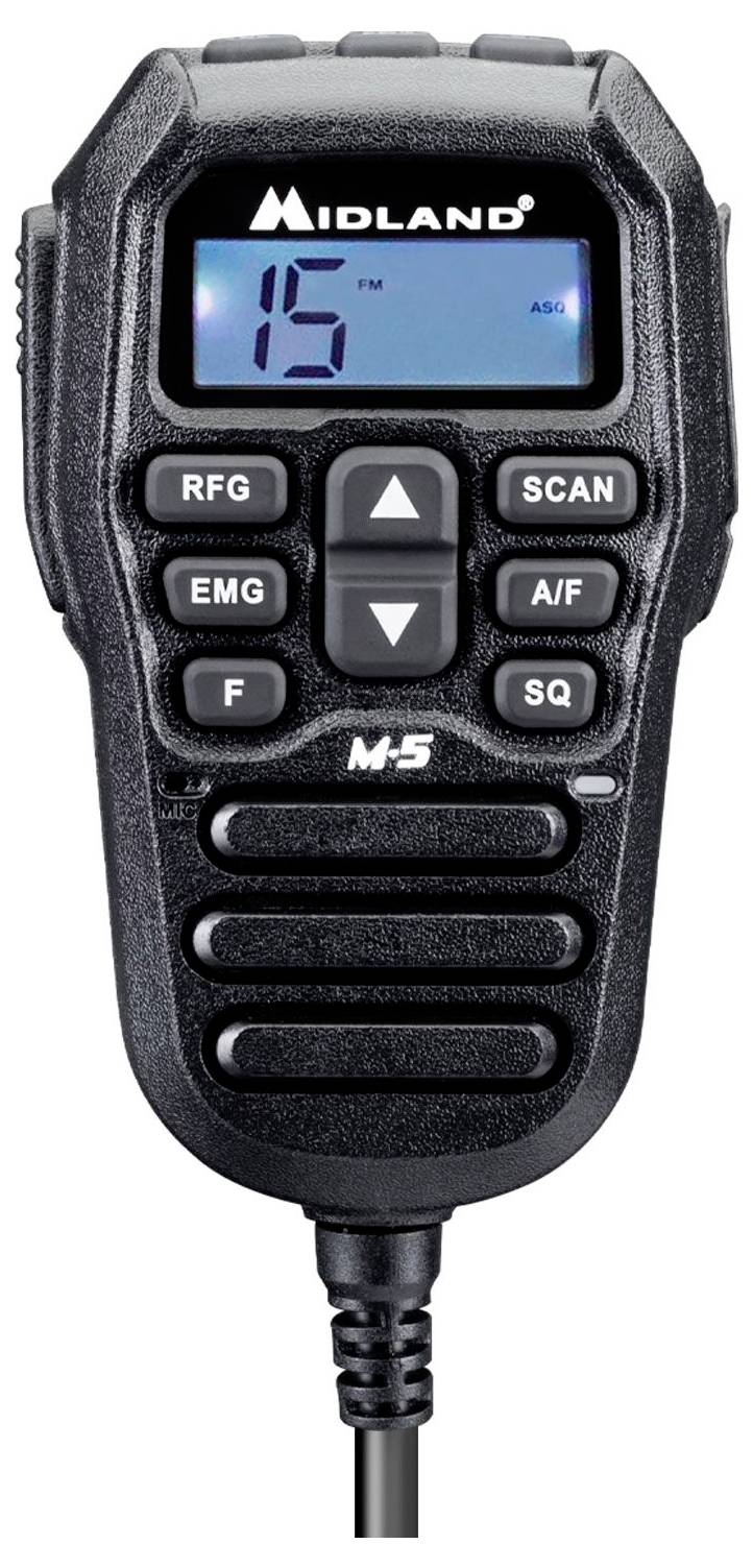 Černý ruční radiofonní mikrofon s tlačítky označenými RFG, SCAN, EMG, F, A/F, SQ a digitálním displejem zobrazujícím číslo 15.