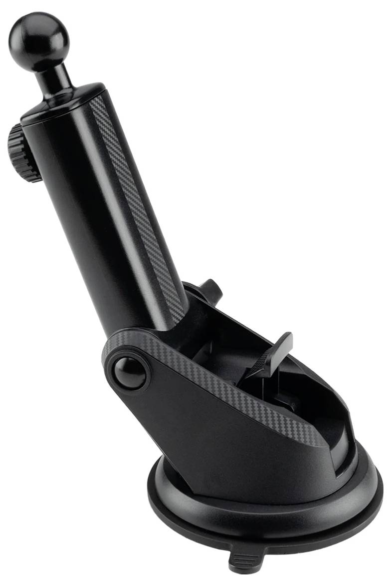 Černý přísavkový držák pro kamery nebo zařízení s nastavitelným ramenem a knoflíkem pro upevnění na různé povrchy.