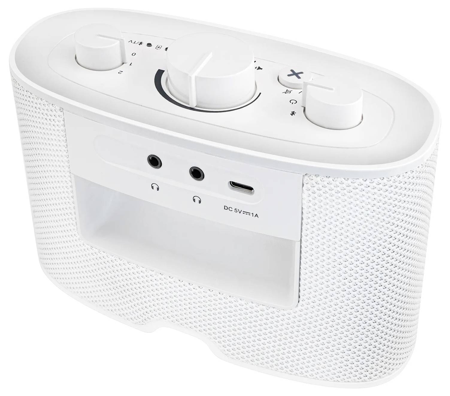 Bílý bluetooth reproduktor s ovládacími knoflíky pro hlasitost a režim na horní straně, předními audio porty a vstupem napájení.